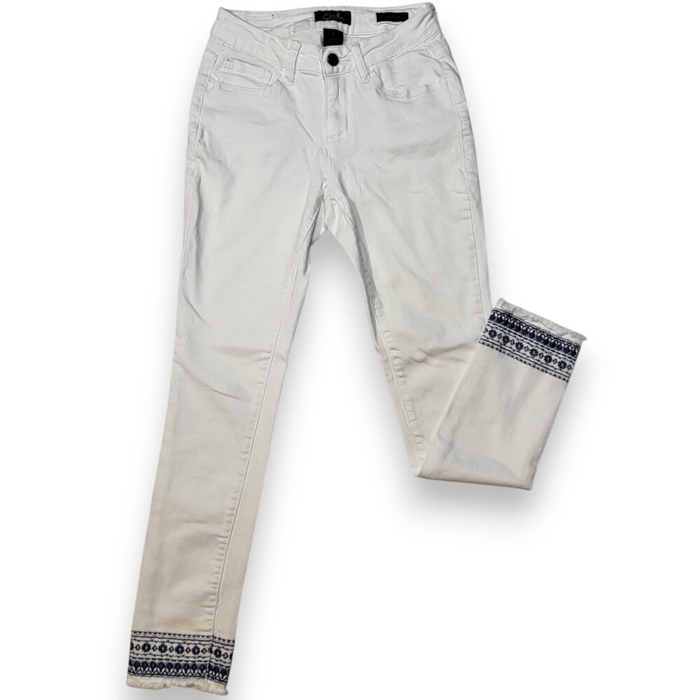 Earl Jeans White Skinny Ankle Jeans Women’s Blue Embroidered Frayed Cuff Size 2